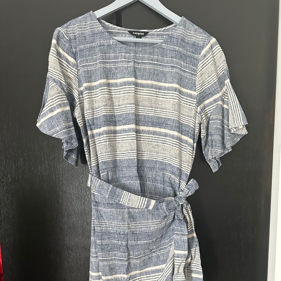 Express Linen/Cotton Blend Chambray Mini Wrap Dress - Picture 1 of 4